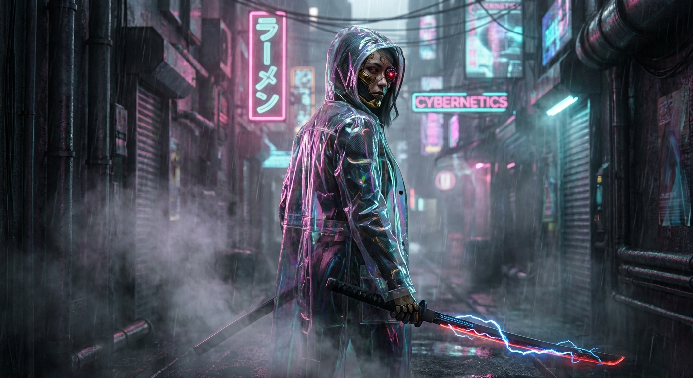 Vermilion Gaze in the Neon Rain
