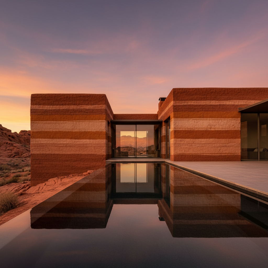 Desert's Embrace: Rammed Earth Villa at Sunset