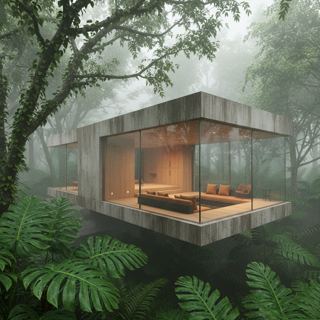 Emerald Embrace: Tropical Brutalism's Serene Canopy
