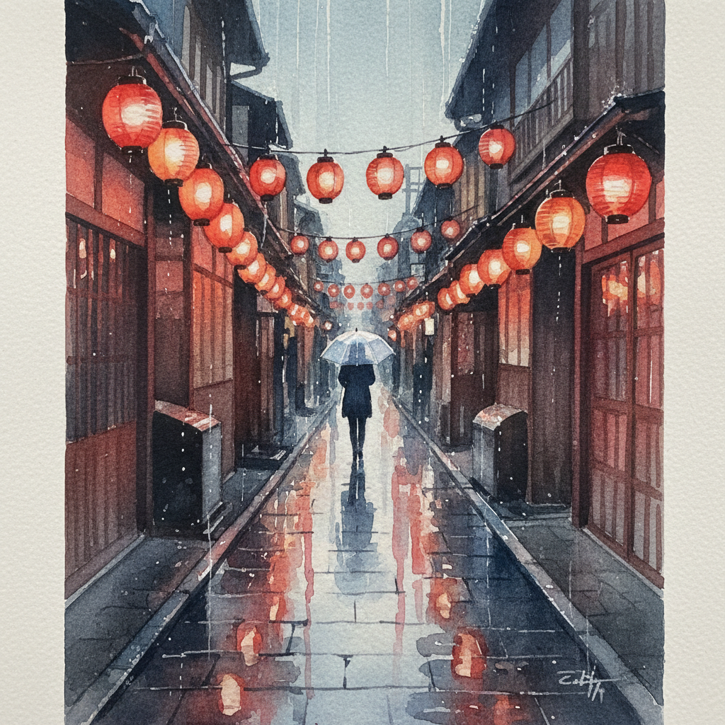 Crimson Lanterns of Gion: Rainy Twilight