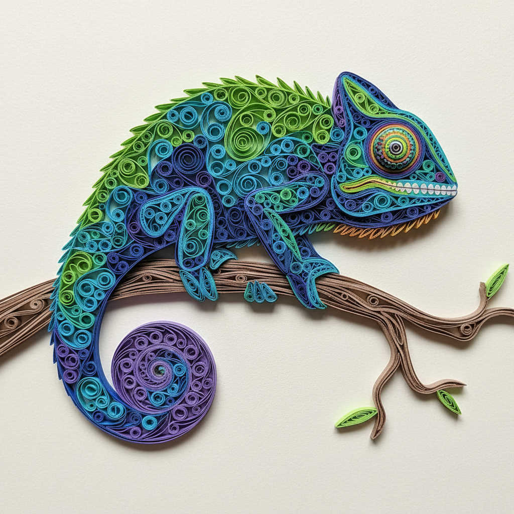 Spiraled Camouflage: Paper Filigree Chameleon