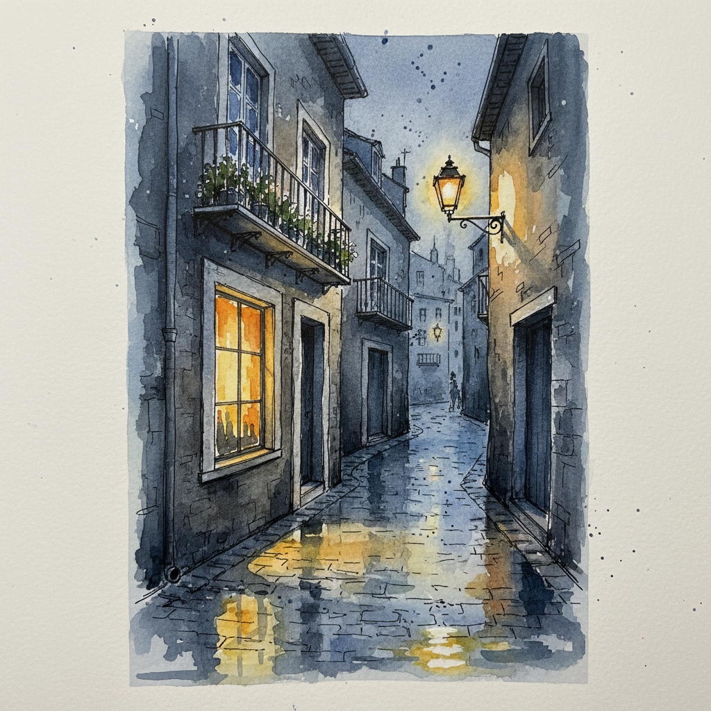 Cobblestone Reflections: The Rainy Alley