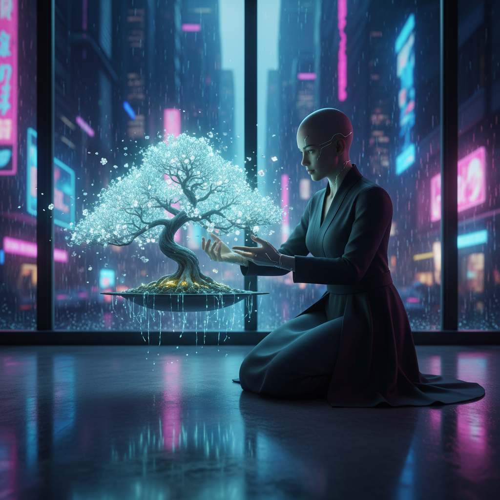 Echoes of Light: Digital Bonsai Master Amidst the Cyber Rain