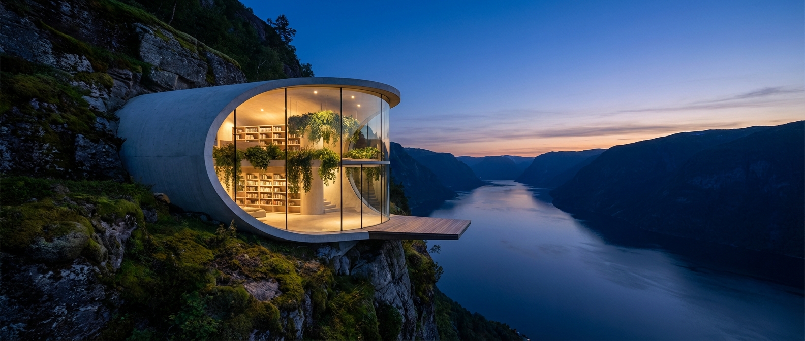 Solstice Sanctuary: Fjord's Blue Hour Beacon
