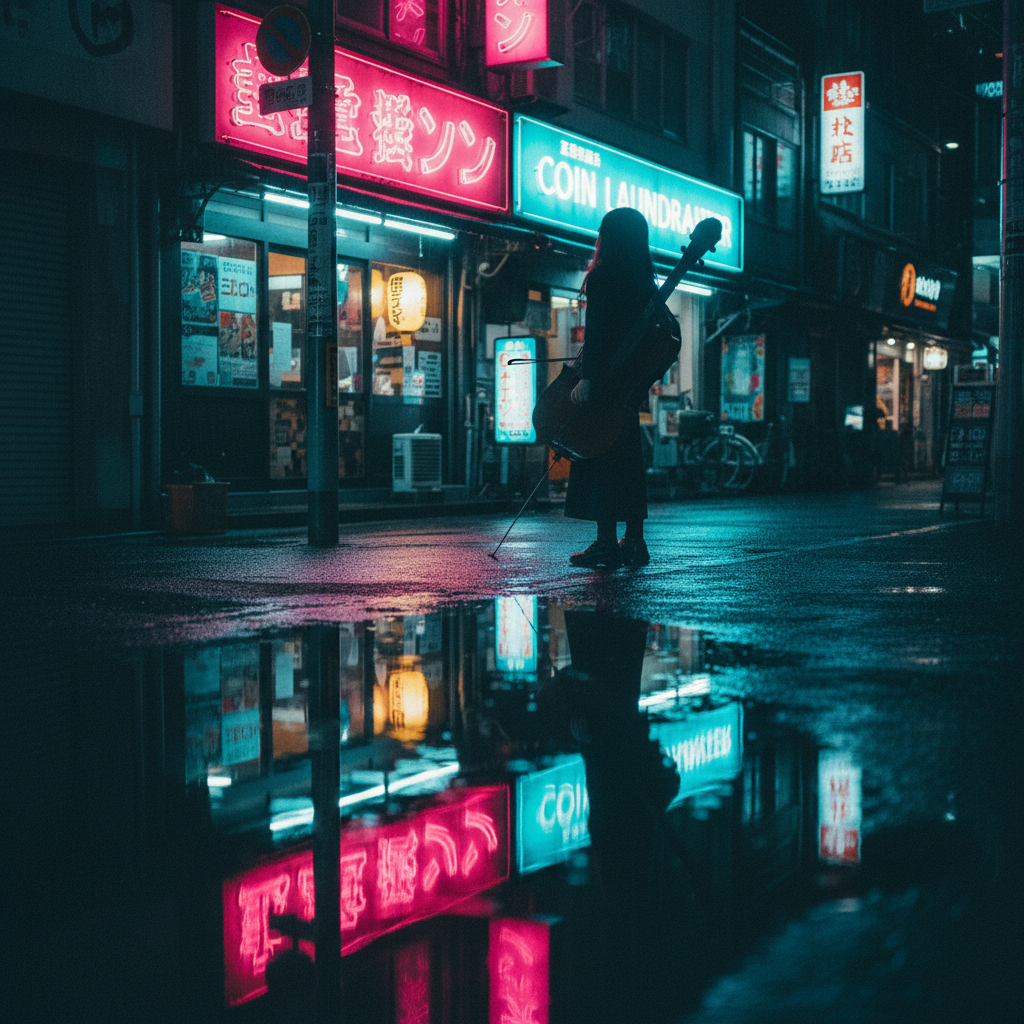 Neon Rhapsody: A Cellist's Pause