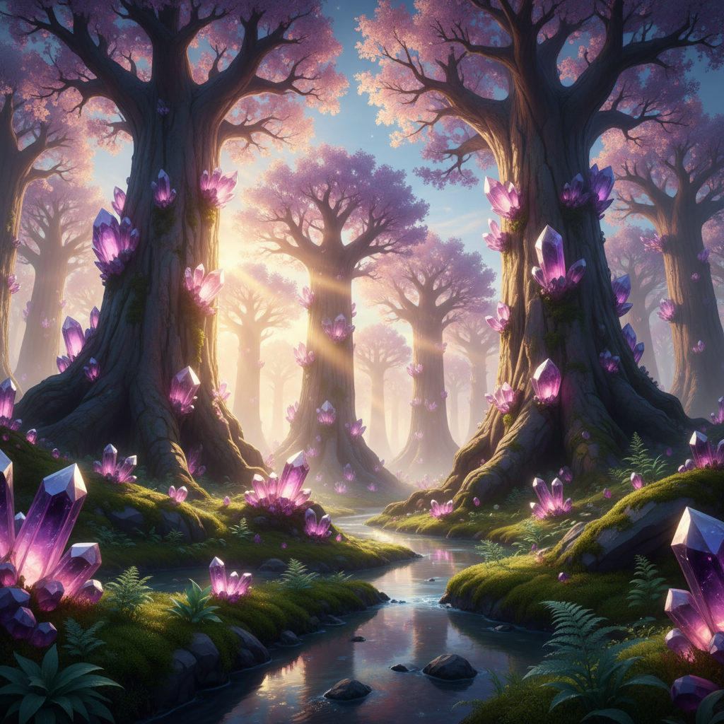 Whispers of Amethyst and Rose: Golden Hour in the Prismatic Grove