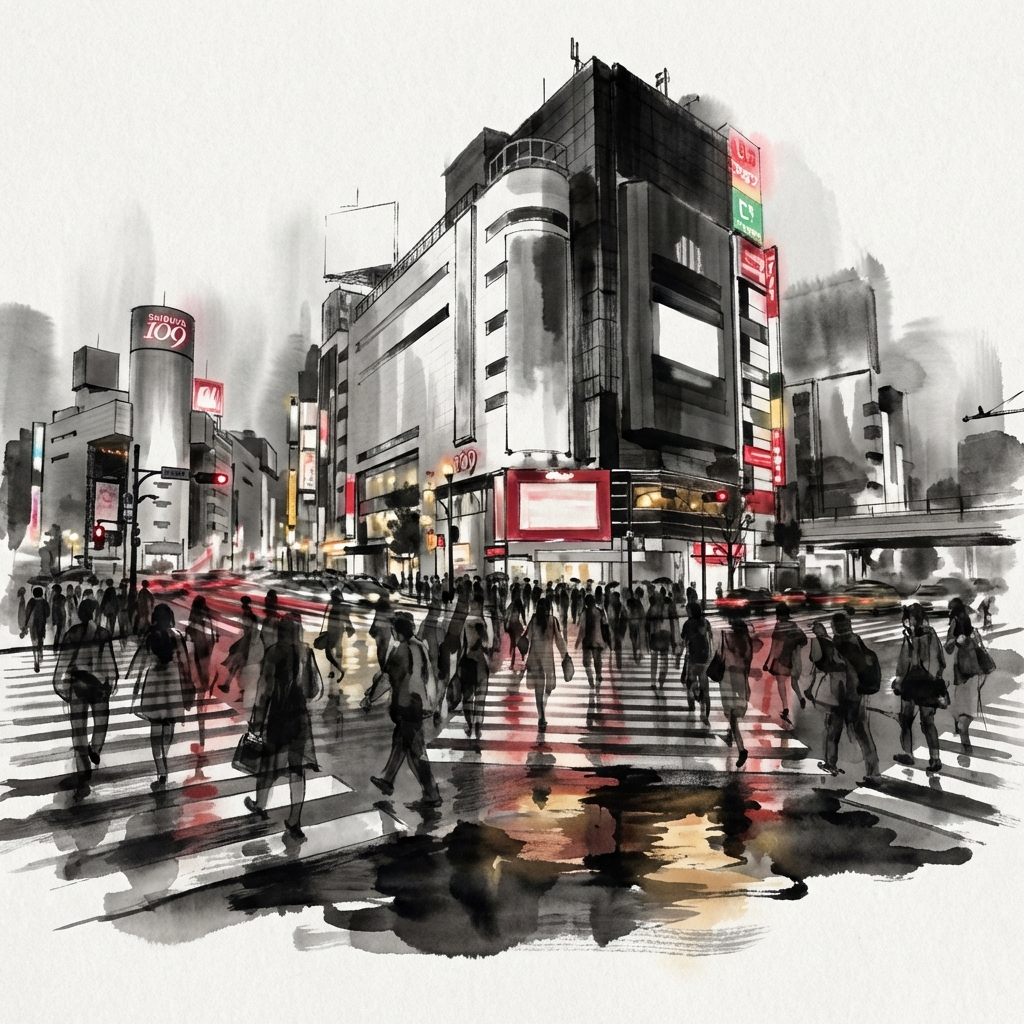 Ink Brush Shibuya Night