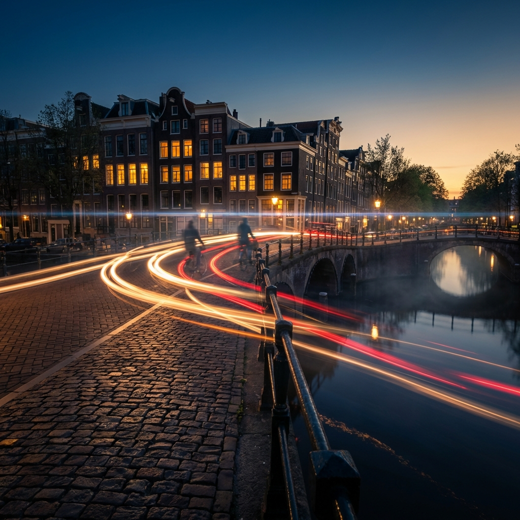 Light Trails Over Amsterdam Canal