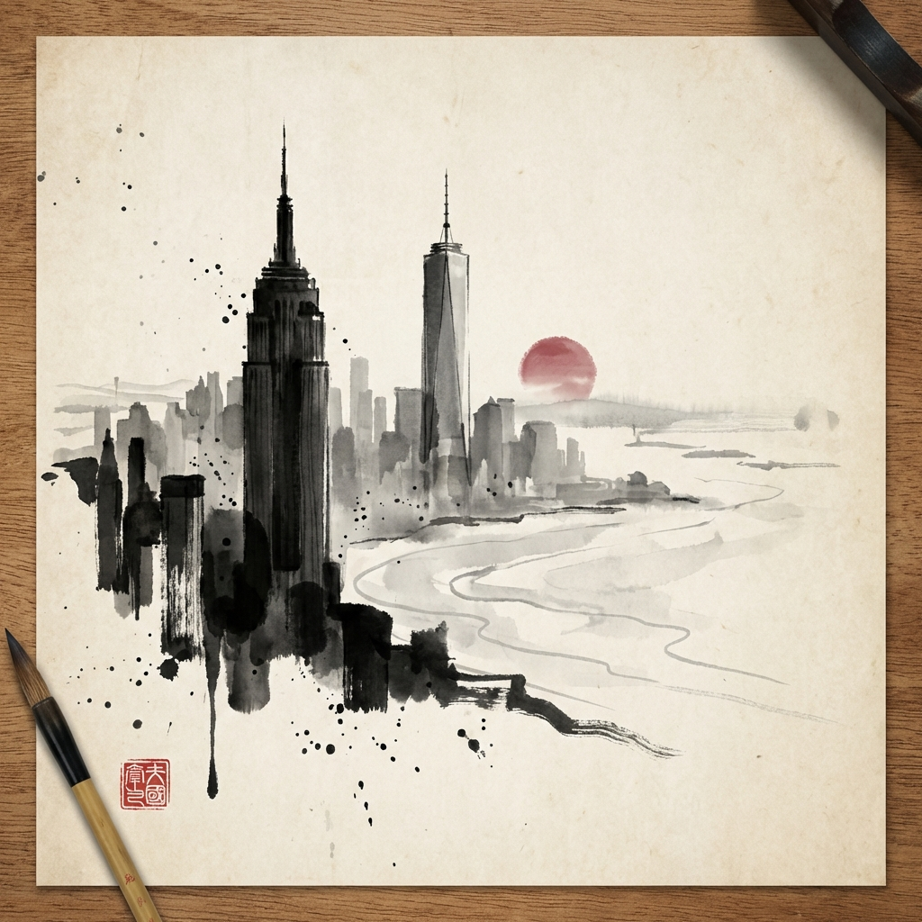 Ink Brush Manhattan at Dusk