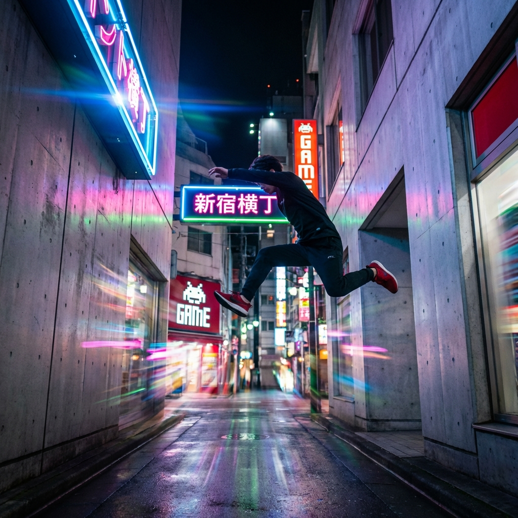 Neon Parkour Through Shinjuku