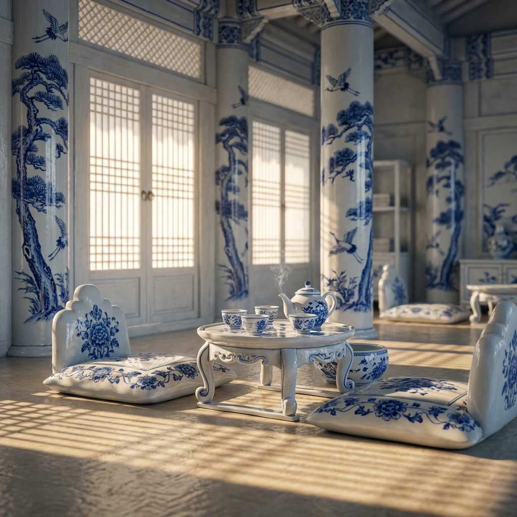 Porcelain Blue-White Korean Tea House